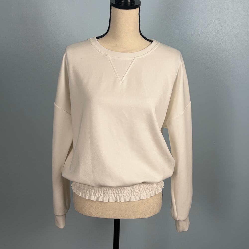 Cynthia Rowley White Sweatshirt L Smocked Ruffle Hem Crewneck Preppy